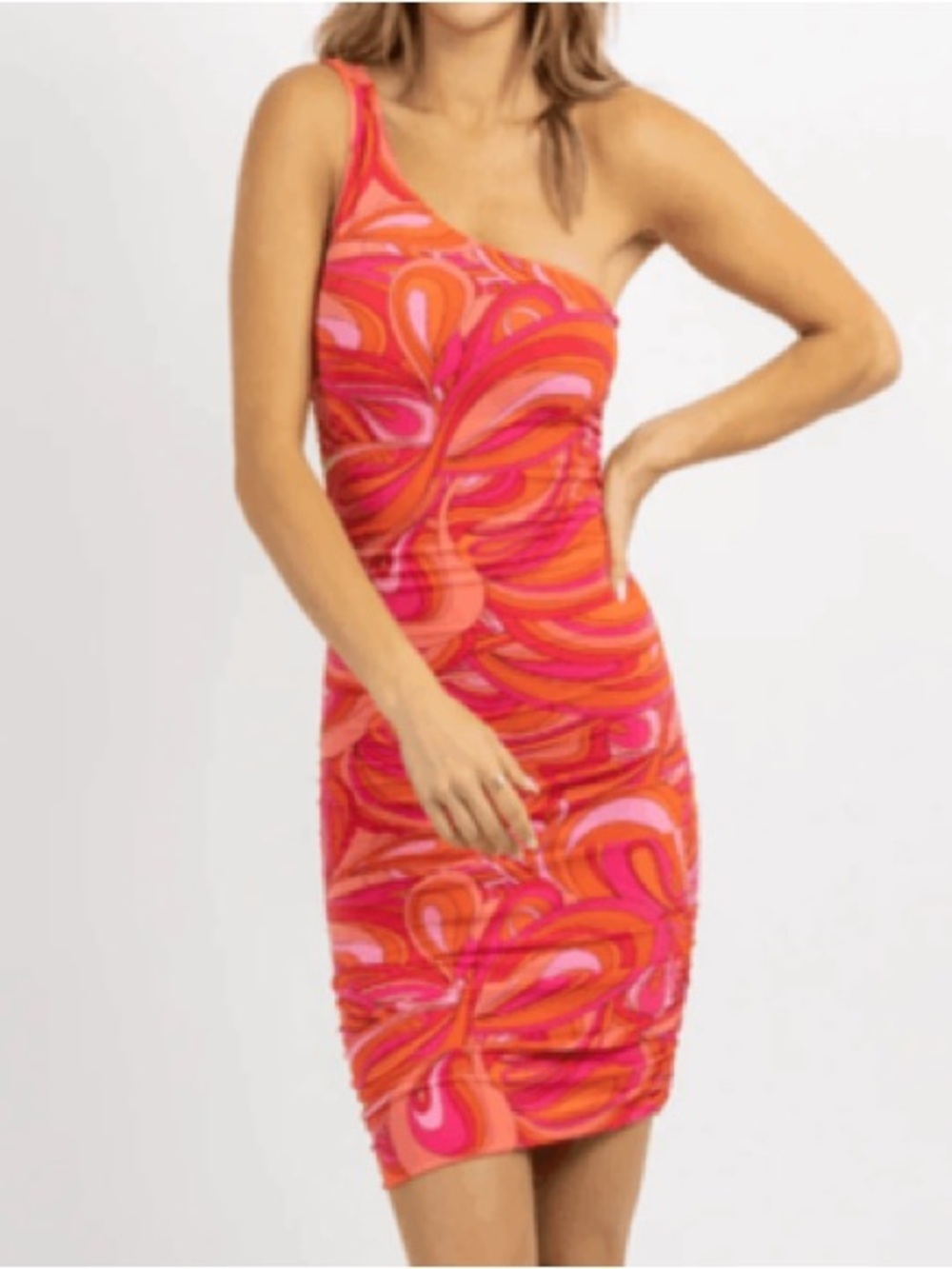 One-Shoulder Pink & Orange Swirl Bodycon Dress Medium